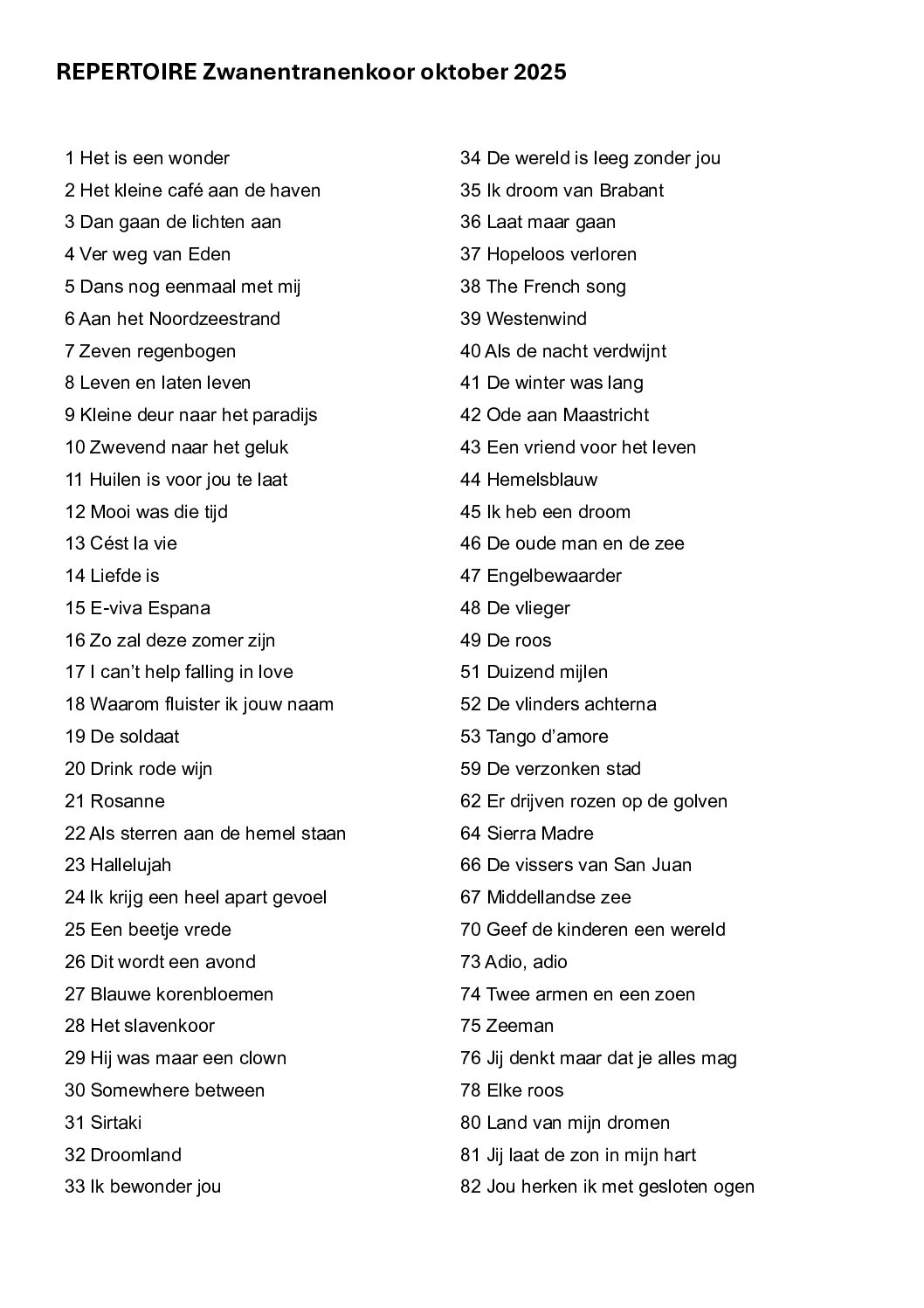Eerste pagina van het repertoire van het Zwanentranenkoor